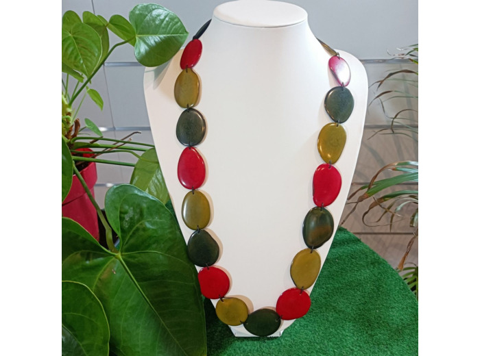 Collier Shakira rouge-kaki-vert en ivoire végétal