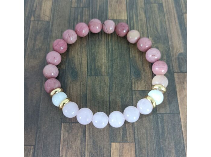 Bracelet rhodonite/quartz rose/pierre de lune doré