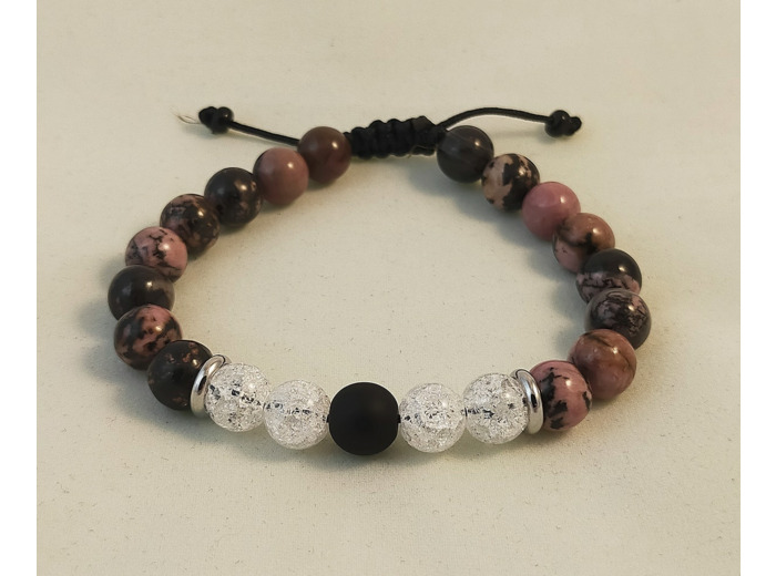 Bracelet ajustable Rhodonite / cristal de roche craquelé / agate noire