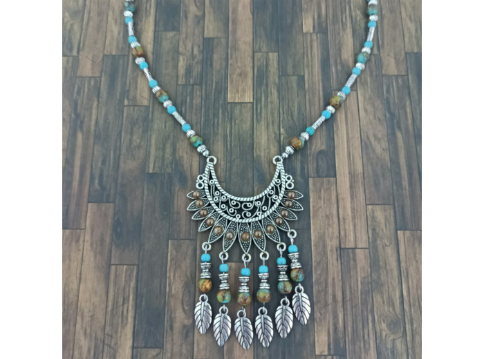 Collier turquoise/marron feuilles