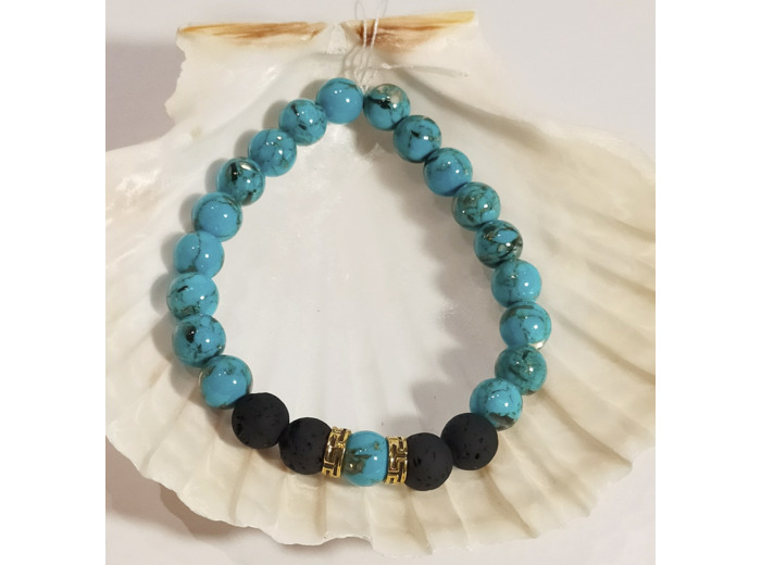 Pierre de lave, jade avec coquille bleu turquoise