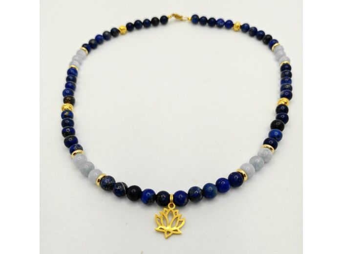 Collier Lapis Lazuli/aigue marine/doré lotus