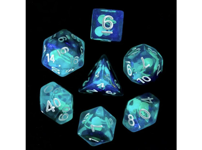 Lot de 7 dés résine gamme Insert - en boite - Méduse (Phosphorescent)