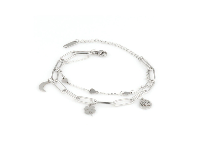Bracelet double chaîne trèfle/arbre de vie/lune en acier inox