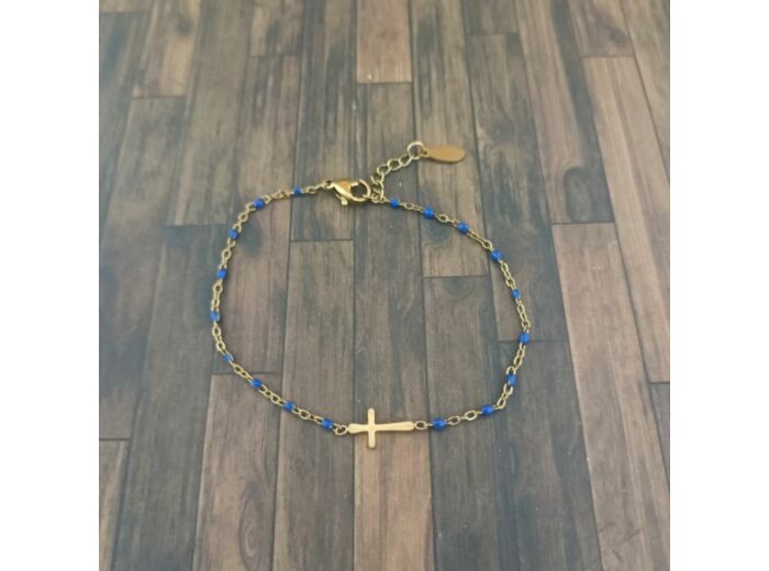 Bracelet croix  en acier inoxydable doré et bleu