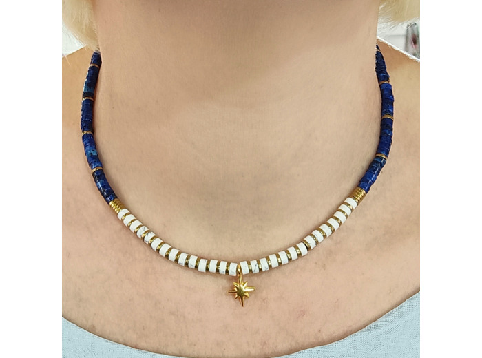 Tour de cou lapis lazuli/turquoise blanc/hématite étoile