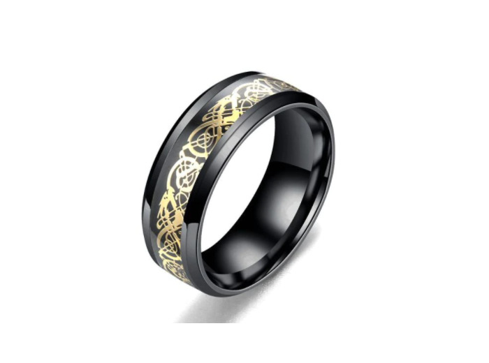 Bague en acier inoxydable noir incrustation dragon or