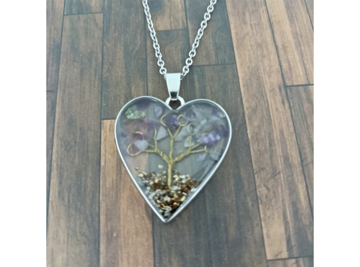 Pendentif arbre de vie résine/pierres naturelles cœur 7