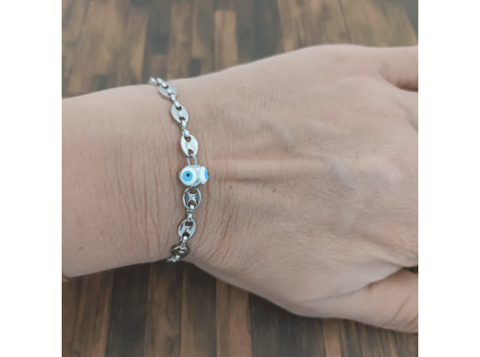 Bracelet grain de café et œil porte bonheur en acier inoxydable