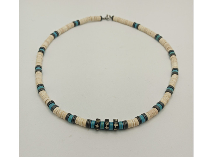 Collier homme turquoise blanc/turquoise/hématite/os de yac