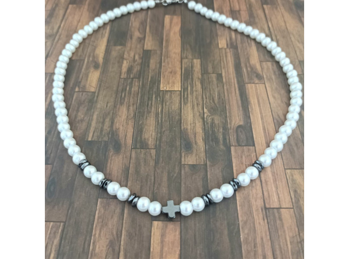 Collier homme perles blanches et hématite