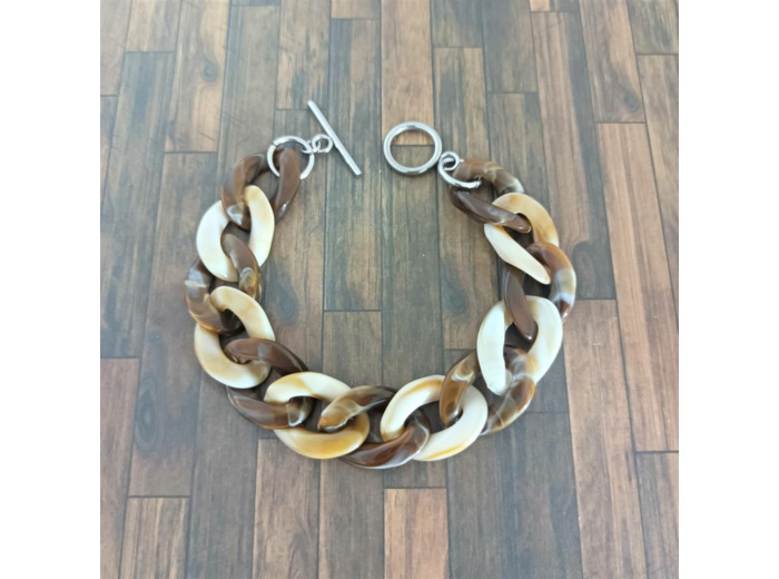 Bracelet gros maillons marron/beige argenté 22mm