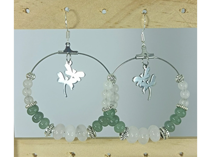 B.O. quartz rose/aventurine/argenté libellules Ø 4cm