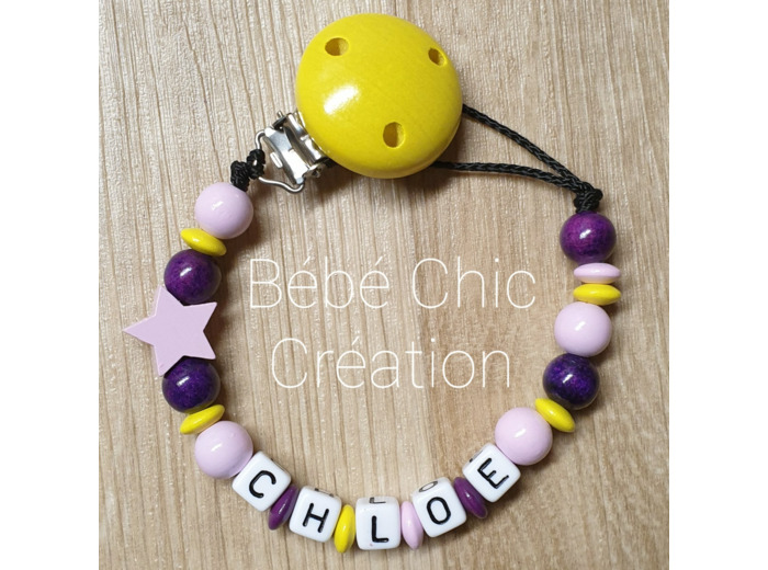 Attache sucette prénom personnalise, étoile, jaune, rose et violet