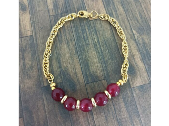 Bracelet-chaîne doré jade facetté rouge bordeaux