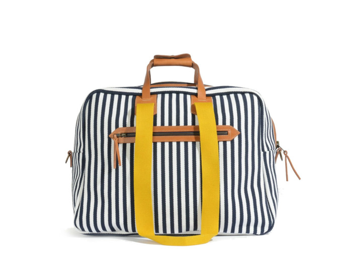Bleu de Chauffe Sac de Voyage Cabine Aviateur Missak Cuir Et Toile Rayures D Eté
