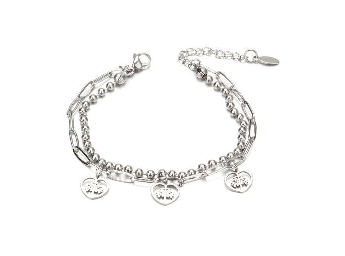 Bracelet double chaîne arbre de vie cœur en acier inox