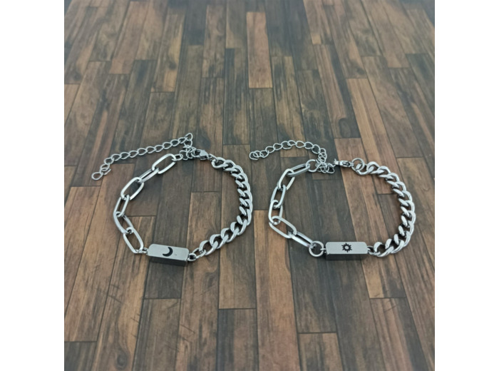 Bracelet de couple en acier inox lune/soleil