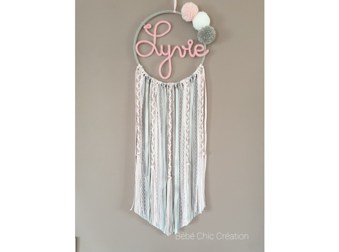 Attrape rêves prénom personnalisable Rose, gris et Blanc