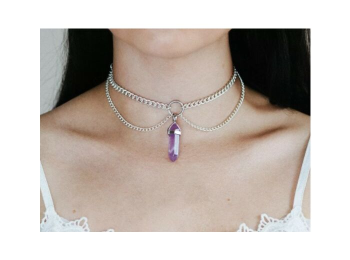 Tour de cou double chaîne pendentif en quartz violet