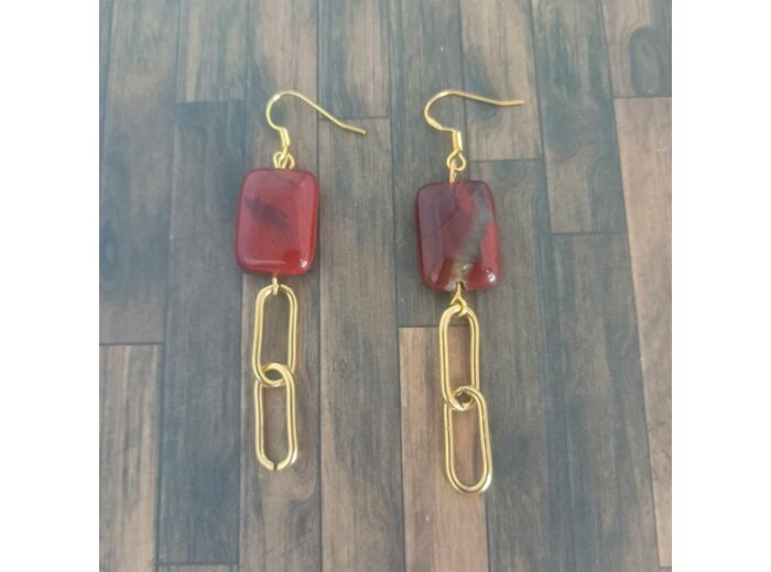 Boucles d'oreille Jaspe rouge/chaîne doré