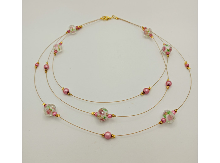 Collier triple en perles Murano et perles rose 3D