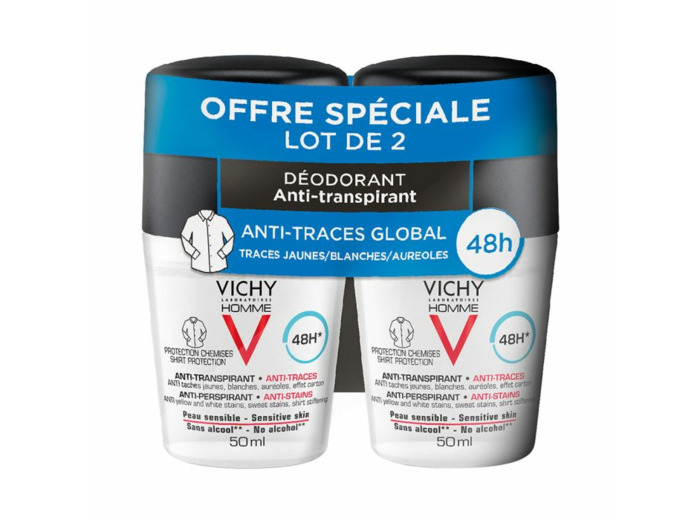 Anti-transpirant Anti-traces 48h 2x50ml Homme Roll-on Vichy