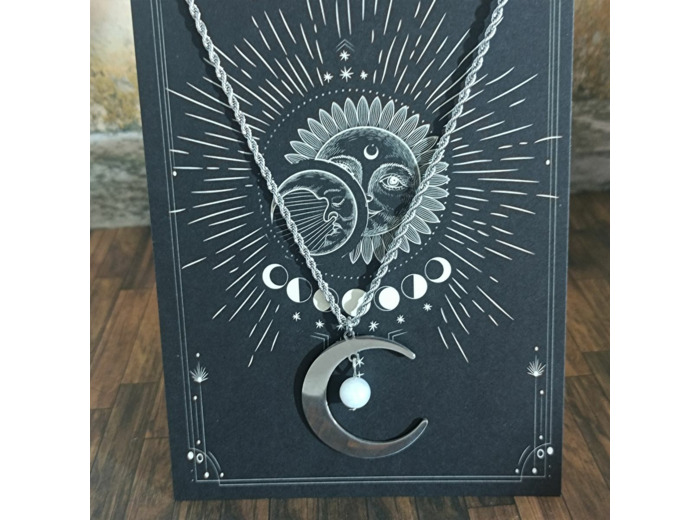 Pendentif lune en acier inoxydable et pierre de lune