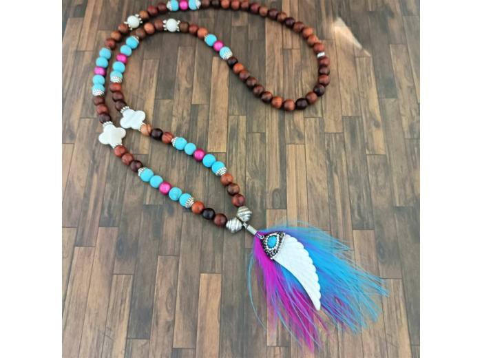 Collier long bois, turquoise, fuchsia, nacre