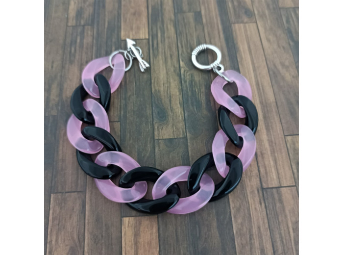 Bracelet gros maillons rose/noir argenté 22mm