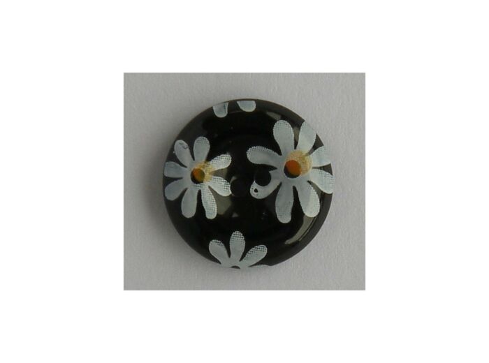 Bouton noir à fleurs blanches 15 mm