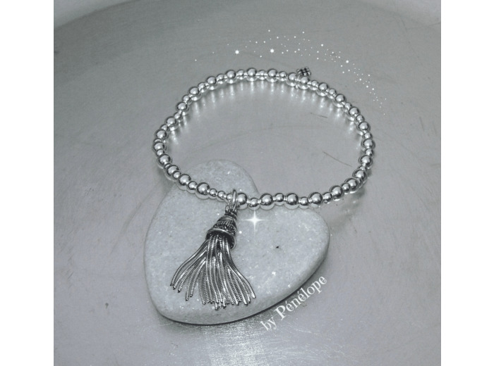 Bracelet perles et pompon en argent 925ème