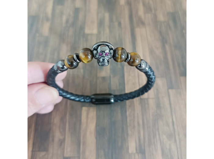 Bracelet homme cuir/œil de tigre/tête de mort