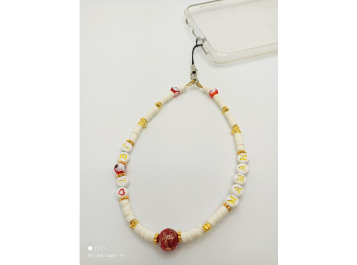 Bijou de portable blanc/doré/rouge "JE T'AIME MAMAN"