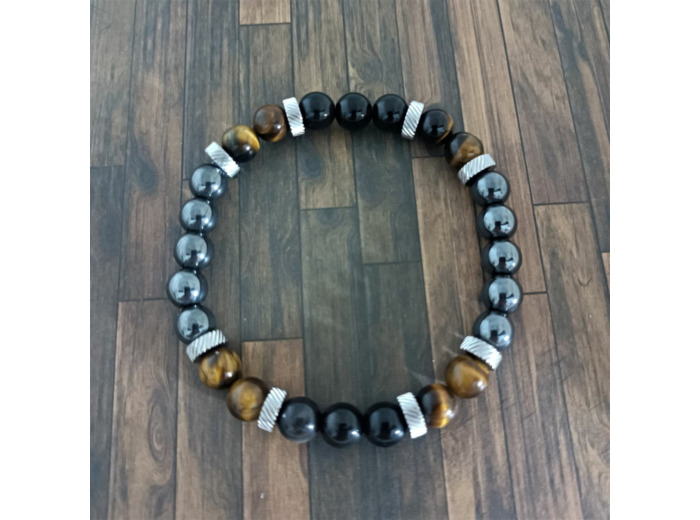 Bracelet homme hématite/œil de tigre/obsidienne/acier inox