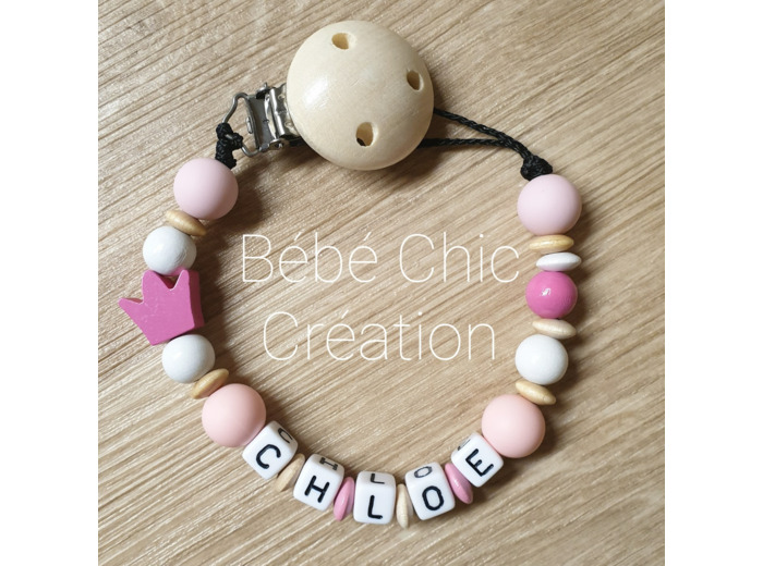 Attache sucette prénom personnalise en Silicone, rose, blanc et bois