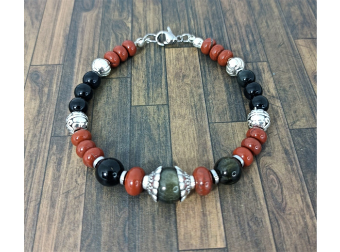 Bracelet Obsidienne/Jaspe rouge argenté