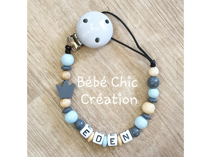Attache sucette prénom personnalise Bois, Bleu ciel et Anthracite