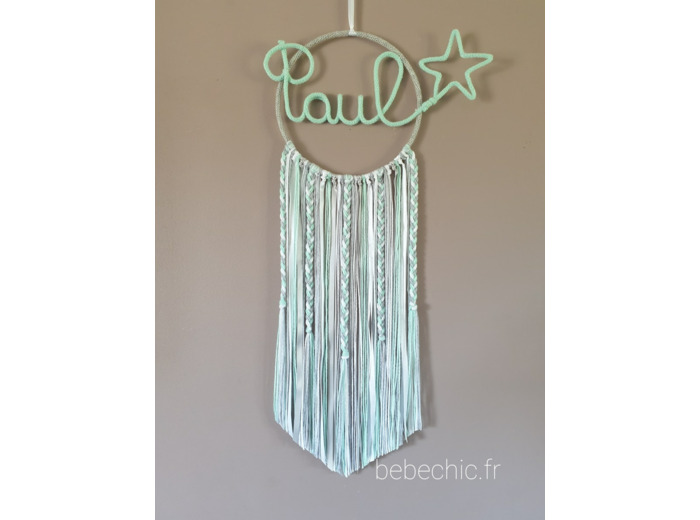 Attrape rêves personnalisable prenom, vert  d'eau gris et blanc