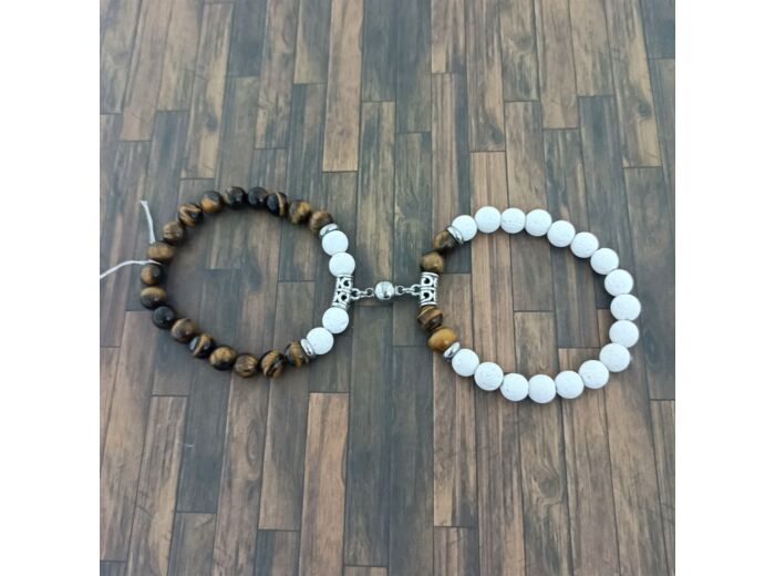 Bracelets de couple œil de tigre/pierre de lave blanc