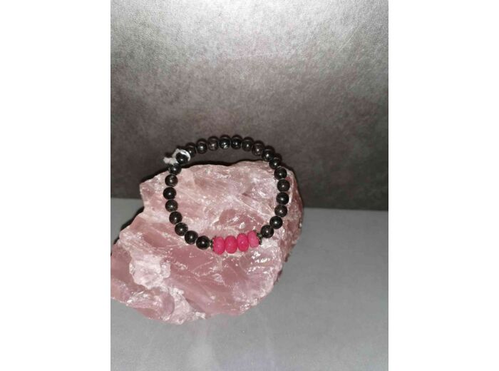 Bracelet perles Hyperstene 6mm et jade rose
