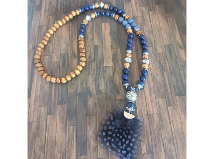 Sautoir lapis lazuli/aventurine bleu/bois plume bleu