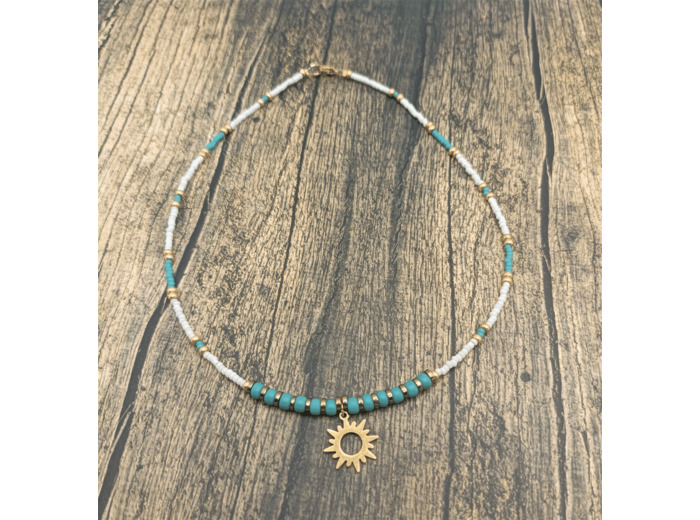 Tour de cou turquoise/blanc soleil doré