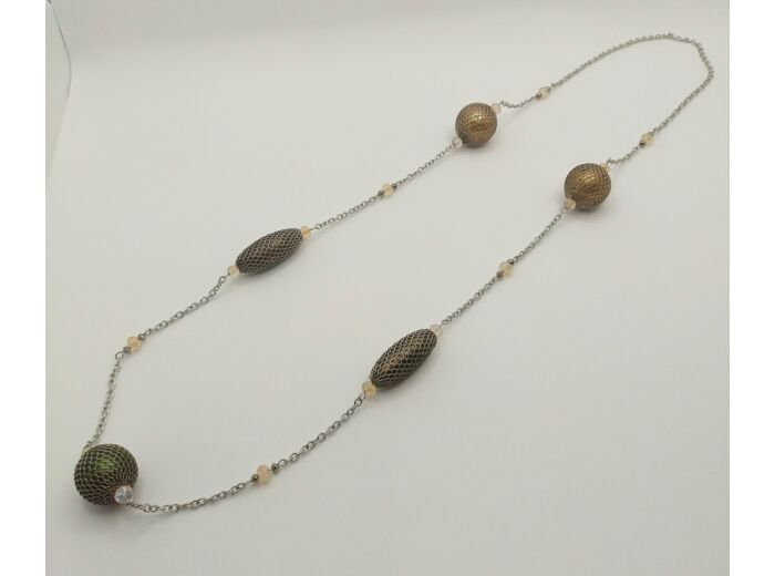 Collier long chaîne/grosses perles argenté