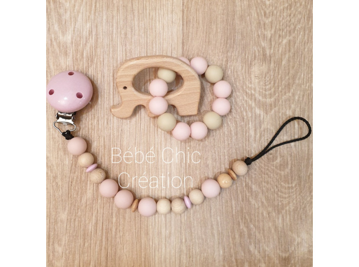 Attache sucette en silicone, rose et bois