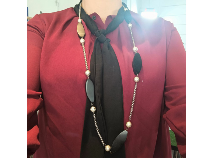 Collier long noir/hématites/acier inoxydable