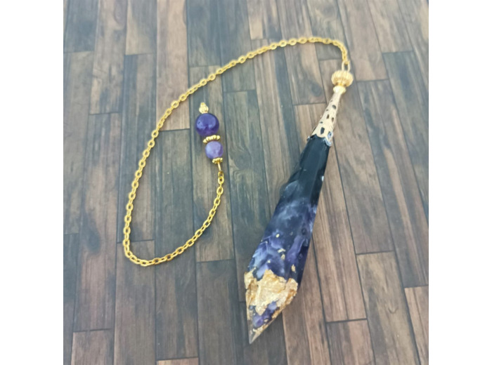 Pendule orgonite Améthyste et feuilles d'or