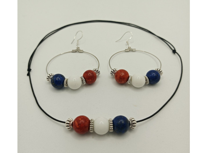 Parure bleu/blanc/rouge en pierres naturelles
