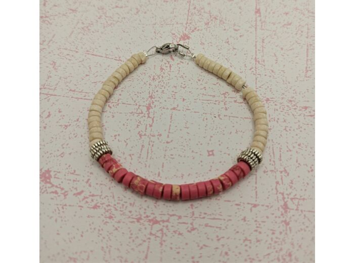 Bracelet en perles naturelles heishi rose/banc argenté