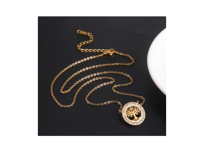 Pendentif rond arbre de vie en acier inoxydable doré et zircon
